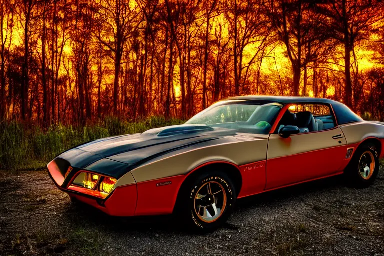 Image similar to pontiac firebird with glowing paint, sunrise, eerie light, fireflies, dramatic, cinematic, forest, sunbeams, volumetric lighting, wide shot, low angle, lightning hitting the car