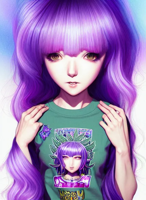 Image similar to richly detailed colored pencil 3 d illustration woman silky straight purple hair with iridescence wearing marijuana logo tshirt and short shorts, she staring at the camera happily art by range murata and artgerm.