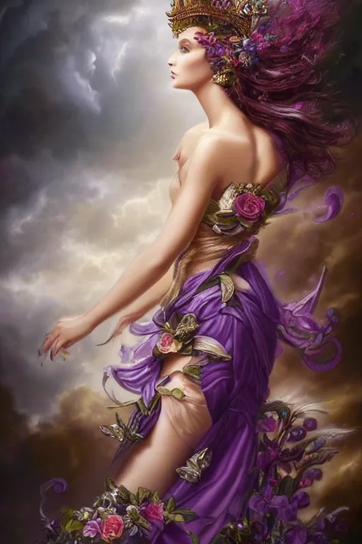 Image similar to closeup portrait fine art photo of the beauty cher, she has a crown of stunning flowers and dress of purple satin and gemstones, background full of stormy clouds, by peter mohrbacher