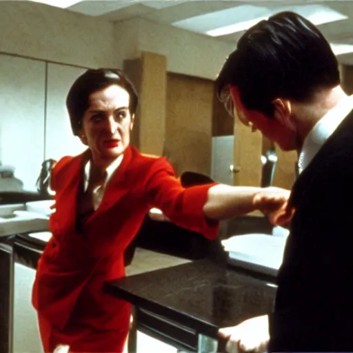 Prompt: film still, Ayn Rand riding John Galt in American Psycho