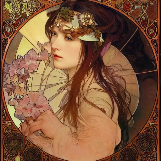 Prompt: realistic detailed face portrait of Nimue by Alphonse Mucha, Ayami Kojima, Amano, Greg Hildebrandt, and Mark Brooks, Art Nouveau, Neo-Gothic, gothic