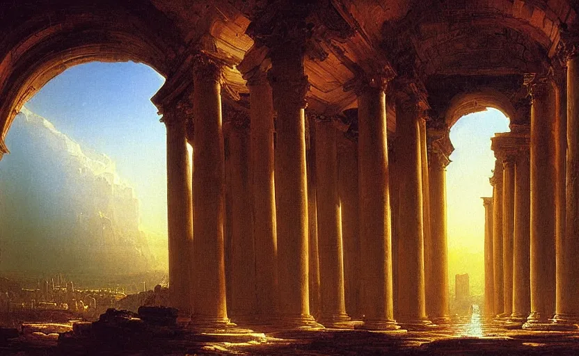 Image similar to a city of light under the ancient runs by thomas cole