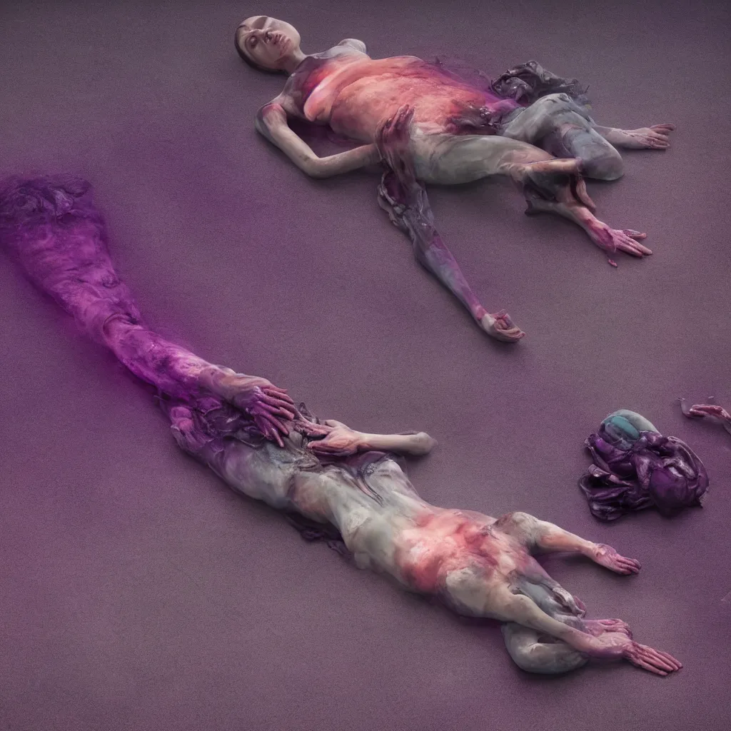 Image similar to iridiscent oil spill with women corpses connected by cables and computers to wax forms to a buried baby relaxing on yoga mat, faded, purple and red gradient, dust, purple fog, depth of field, by nadav kander and hans bellmer, 8 k, ultrarealistic, sad atmosphere, cinematic, 8 5 mm lens