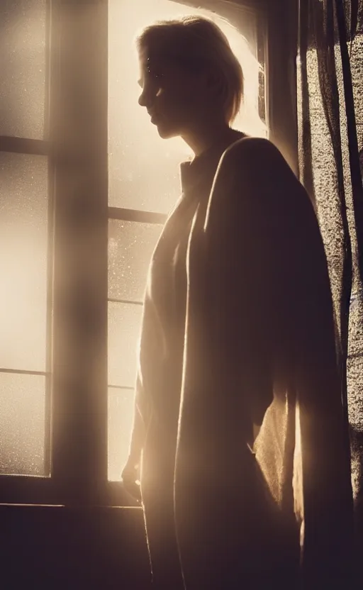 Image similar to very very beautiful photograph of emily skinner looking like annie leonhart standing next to a window god rays shining on her from the sunlight, volumetric fog, smoke, depth of field, beautiful composition, featured on artstation and instagram