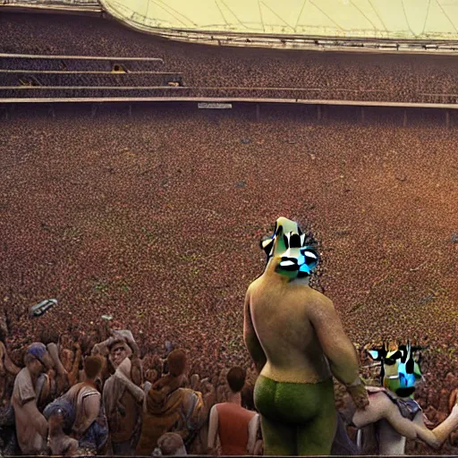 Image similar to A photograph of Shrek at the olympics, realistic, large crowd, vintage shading, by greg rutkowski