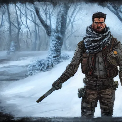 Image similar to A comic book style portrait painting of a male ranger in a a post apocalyptic winter landscape, unreal 5, DAZ, hyperrealistic, octane render, RPG portrait, ambient light, dynamic lighting