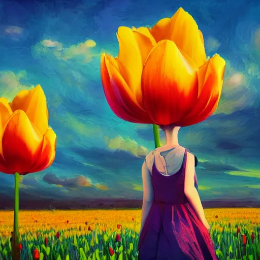 Image similar to girl with a giant tulip head, surreal photography, flower field, sunset dramatic light, impressionist painting, colorful clouds, blue sky, digital painting, artstation, simon stalenhag