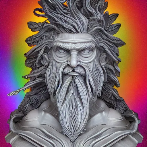 Prompt: intricate stone carving of a bearded male nature spirit, hair festooned with floral botanicals, radical faerie, rainbow background, sculptural, volumetric lighting, photorealistic, trending on artstation, atmospheric, mystical style
