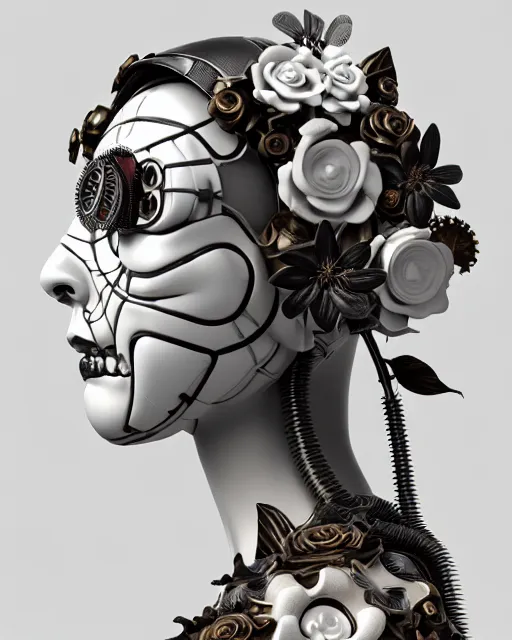 Image similar to monochrome 3 d model, steampunk biomechanical beautiful young female cyborg with porcelain profile face and a big floral eye, volumetric light, leaves foliage and stems, hibiscus flowers, boho floral vines, sinuous fine roots, fine foliage lace, alexander mcqueen, rim light, big gothic fashion pearl embroidered collar, octane render, 8 k