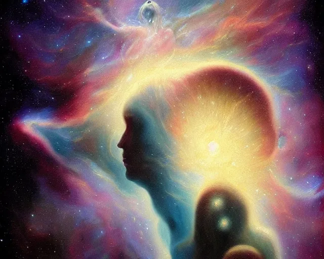 Image similar to cosmic person nebula, an oil painting, by ( leonardo da vinci ) and greg rutkowski and rafal olbinski ross tran airbrush time magazine