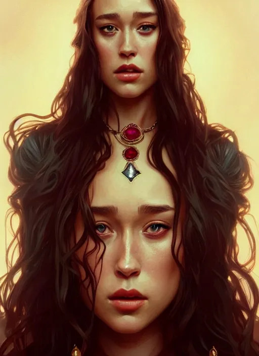 Image similar to portrait of alycia debnam - carey as a vampire lord, jewelry, greek, ruby, intricate, headshot, highly detailed, digital painting, artstation, concept art, sharp focus, cinematic lighting, illustration, art by artgerm and greg rutkowski, alphonse mucha, cgsociety