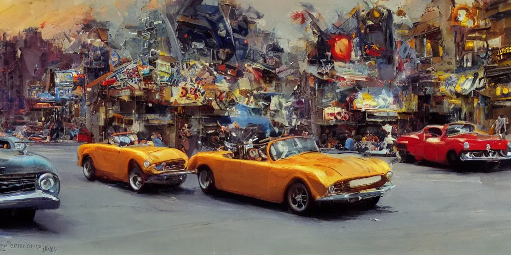 Image similar to hotrods driving down a street , vintage, highly detailed, 4K, by John Berkey