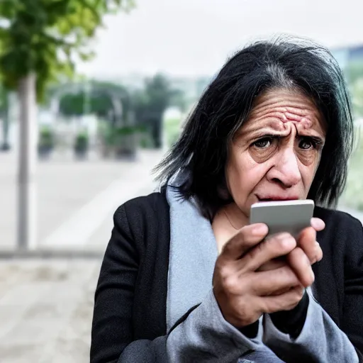 Image similar to astonished and angry middle aged lady looking at smartphone, unsure expression, greek ethnicity, thin face structure, uncombed straight grey black hair, angry eyes, photo, realistic, outdoor lighting, 4 k, 8 k, hd, 3 9 mm lens