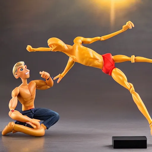 Image similar to toy called Stretch Armstrong, life size, fighting a small Indian man, golden hour, award winning,