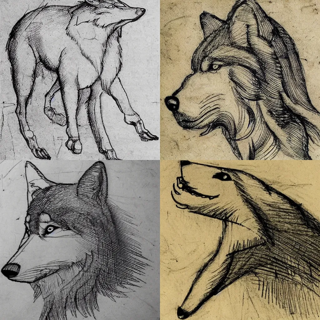 Prompt: sketch of a wolf by leonardo da vinci, detailed, line art