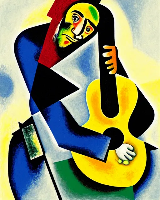 Prompt: a cubism portrait of willie nelson hugging his guitar, in the style of marc chagall, digital art, muted color