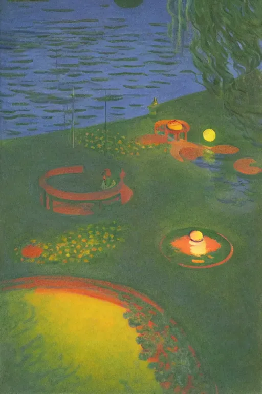 Image similar to cinematic aerial view of decorated surrealist lake garden at night by Edward Hopper and Claude Monet, garden lit by floating shoji lamps, Japanese 1920s art deco backyard design by Katsuhiro Otomo, the moon reflects in the water, the moon casts long exaggerated shadows, blue hour, hyper-detailed watercolor and pen illustration by Syd Mead and byJean Giraud, aerial view