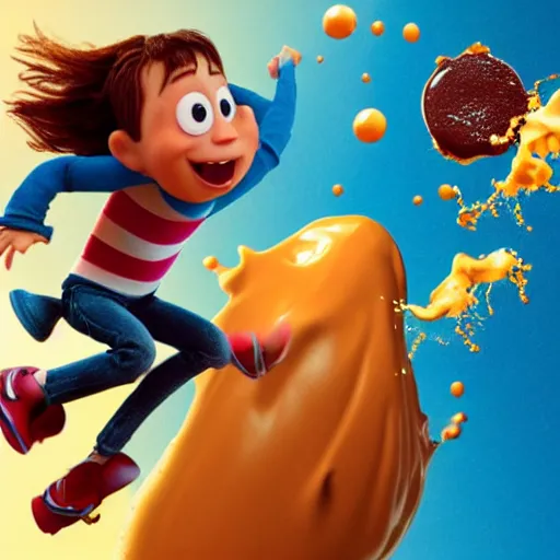 Image similar to a movie poster of a small boy flying taking off 1 0 feet from the ground by using a jetpack that spits a liquid chocolate syrup blend with milk burst with twirls of flow and fluid, and a giant white cereal bowl in the ground getting splashed by the chocolate burst, pixar 3 d animation style