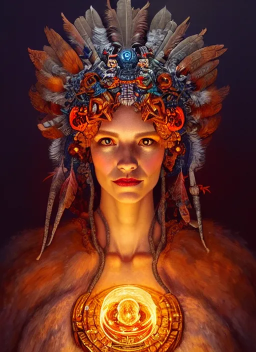 Image similar to an anton pieck portrait of a goddess, 8 k micro details beautiful intricate highly detailed quetzalcoatl skull and feathers. fire, galaxy, artwork by tooth wu and wlop and beeple and greg rutkowski, trending on artstation,