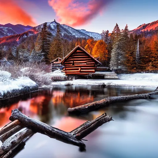 Prompt: DSLR still of a beautiful mountainside river with a pier and a log cabin at sunrise in winter, 4k