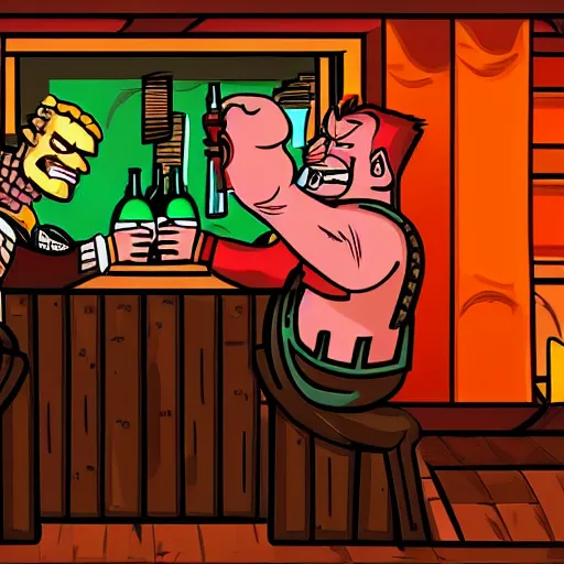 Prompt: duke nukem and doomguy drinking beer in a bar