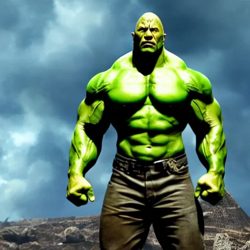 Image similar to dwayne johnson as incredible hulk, marvel cinematic universe, mcu, 4 k, raw, unedited, green skin, symmetrical balance, in - frame,