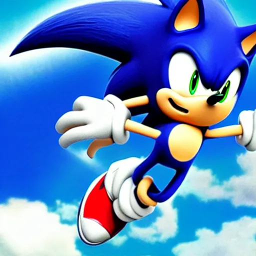 Prompt: sonic the hedgehog running on a cloud