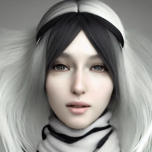 Prompt: a woman with white hair and a scarf around her neck, an ambient occlusion render by chen jiru, cgsociety, net art, anime aesthetic, daz 3 d, behance hd