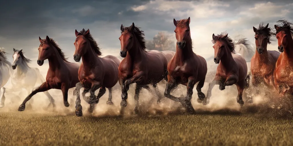 Prompt: a product picture of hundreds of horses running, photographic filter, unreal engine 5, realistic, hyperdetailed, 8 k, cinematic, volumetric lighting, very realistic effect, hd, hdr, 4 k, sharp focus, octane render, ultra detailed, high resolution, trending on artstation in the style of albert dros glowing rich colors powerful imagery