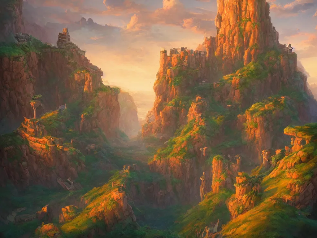 Prompt: a cliffside fortress landscape, art by Noah Bradley and Don Bluth, cinematic, masterpiece, vibrant vivid colors