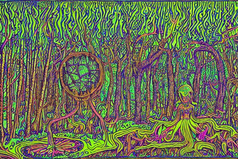 Prompt: modular synthesist in the forest, playing technology and nature in harmony, psychedelic concert poster, grainy, surrealist hand drawn by Frank Kozik, extremely detailed.