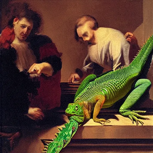 Image similar to iguana drinking tequila, baroque painting