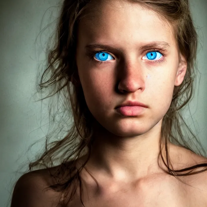 Prompt: dramatic photographic Close-up face of a extremely beautiful girl with light blue eyes and light brown hair , high light on the left, non-illuminated backdrop, illuminated by a dramatic light, Low key lighting, light dark, High constrast, dramatic , Steve Mccurry, Lee Jeffries , Norman Rockwell, Craig Mulins ,dark background, high quality, photo-realistic, 8K,