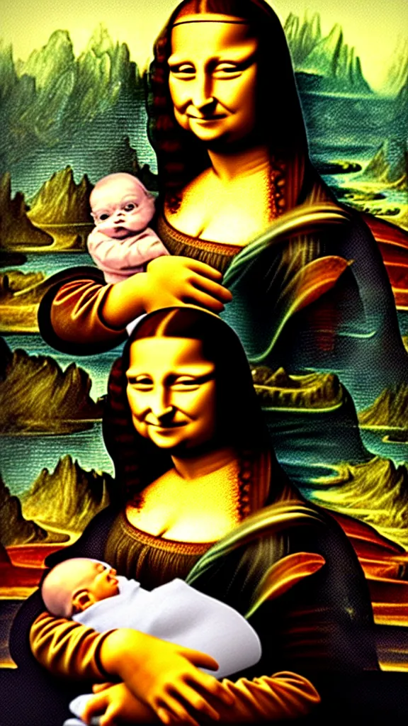 Image similar to the Mona Lisa holding Baby Yoda, painting in the style of the Mona Lisa