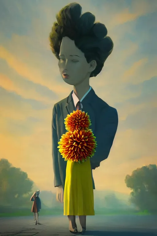 Image similar to closeup giant dahlia flower head, girl in a suit, standing in street, surreal photography, sunrise, dramatic light, impressionist painting, digital painting, artstation, simon stalenhag