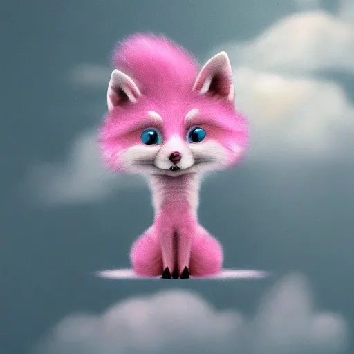 Image similar to a photorealistic pink fox sitting on a cloud