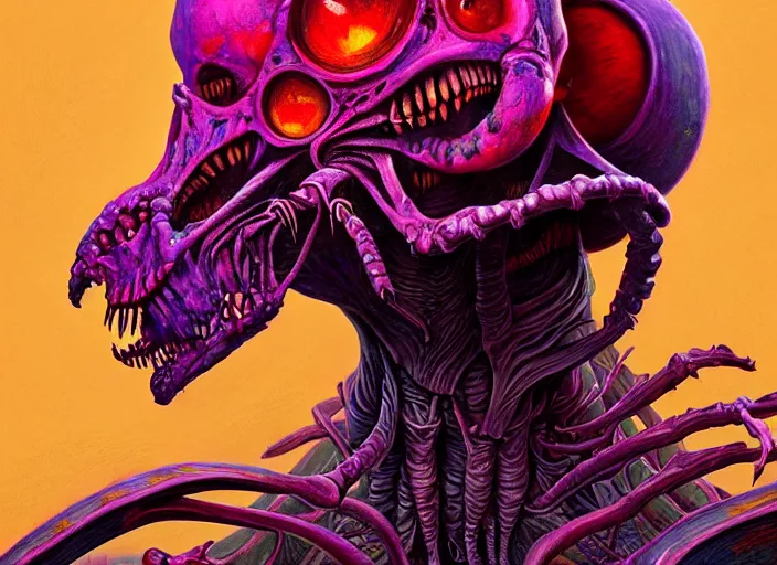 Prompt: a psychedelic portrait of omin dran skeletal phyrexian mind flayer psion politician, vibrant color scheme, highly detailed, in the style of romanticism, cinematic, artstation, moebius, greg rutkowski