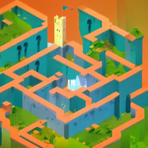 Image similar to a stunning minimalist isometric view of a fantasy castle deep within a vast cave, spiralling waterfalls and beautiful plants, intricate details, in the style of monument valley