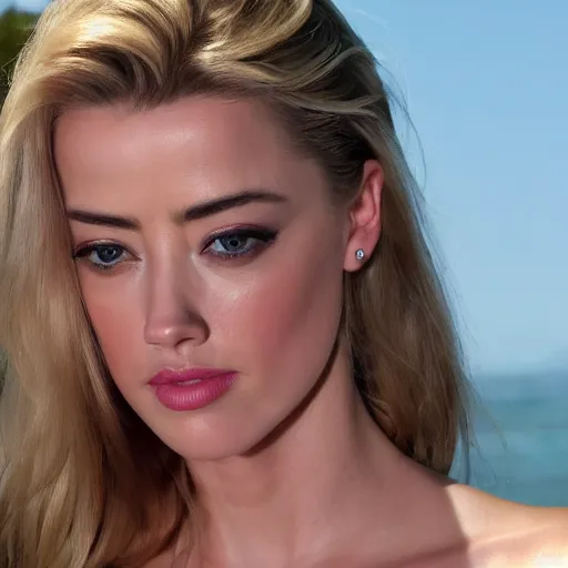 Image similar to uhd, high resolution photography of woman, genetic combination of donald trump and amber heard face, amber heard body, donald trump face, symmetrical upper body, body focus