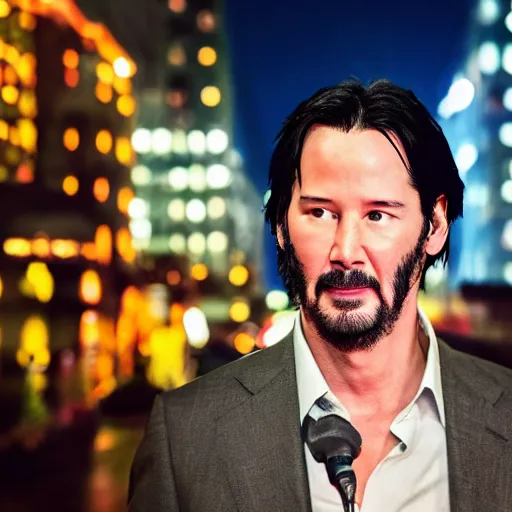 Image similar to a still of Keanu Reeves. Shallow depth of field. City at night in background, lights, colors ,studio lighting, mood, 4K. Profession photography