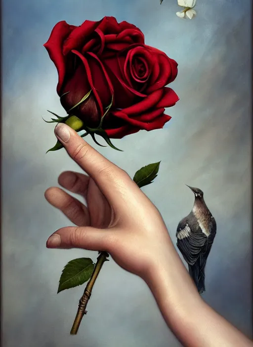 Image similar to a bird with hands holds a rose, hyperrealism, no blur, 4 k resolution, ultra detailed, style of tyler edlin, tom bagshaw, arthur rackham, ivan shishkin