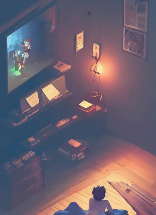 Image similar to video gamecore, gamecore, gamercore portrait of a man playin playstation 5 on his bedroom at night, cinematic perspective, trending in artstation, behance, deviantart