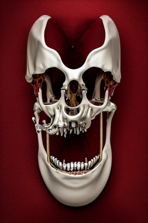 Image similar to a human mandible made with chrome, metallic sculpture, layed on a red velvet fabric, by hedi xandt and antonio corradini, vivaldi and emil melmoth macabre art, dark surrealism, epic and cinematic view, volummetric light, texturized, detailed, 8 k