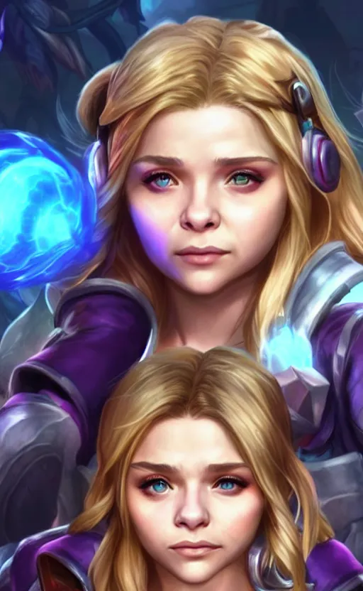 Image similar to Chloë Grace Moretz as a character in the game League of Legends, with a background based on the game League of Legends, detailed face, old 3d graphics