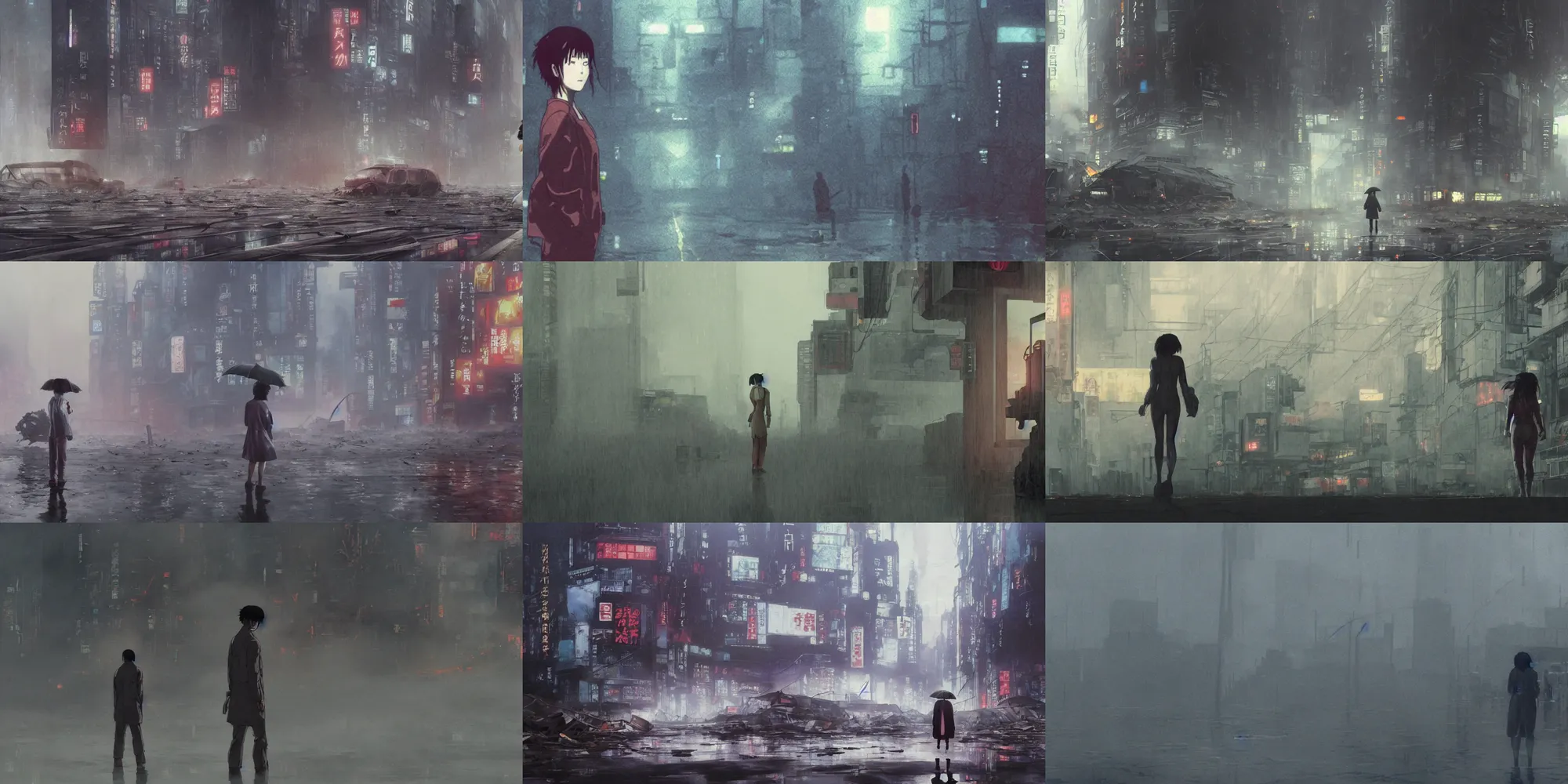Prompt: incredible wide screenshot, ultrawide, simple water color, paper texture, katsuhiro otomo ghost in the shell, mamoru oshii, low camera, backlit girl in raincoat, wet dark road, parasol in deserted junk pile, giant robot foot, earthquake destruction, reflection, thick fog, smoke, destroyed robots, blazing fire, burning bus crash inferno, lens flare