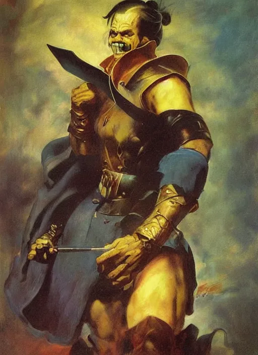 Image similar to portrait of noble duelist, coherent! by mariusz lewandowski, by frank frazetta, deep color, strong line, high contrast