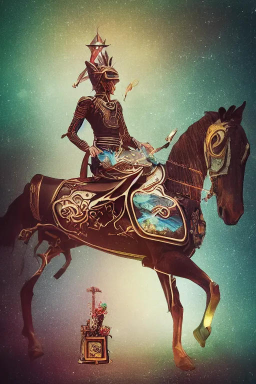 Image similar to self - transforming machine elf riding horse and holding chalice in the style of nordic noir television, dmt fractal tiling across the background, double exposure film, kodak portra film burn, knight of cups, vintage etteilla tarot