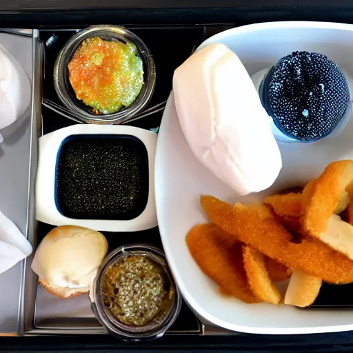 Prompt: hd - go pro photo of airplane food tray filled with glowing caviar