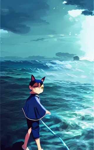 Prompt: little boy with cat ears wearing an latex suit with cape walking on ocean. digital painting made by makoto shinkai and james jean, perfect composition