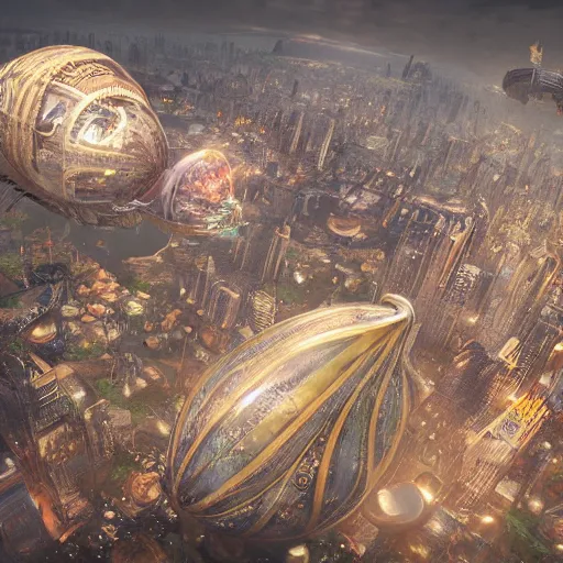 Image similar to enormous flying city in a faberge egg, sky, steampunk, fantasy art, unreal engine, aerial view